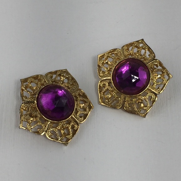 Vintage Pinky Purple & Gold Clip On Earrings - Picture 2 of 8